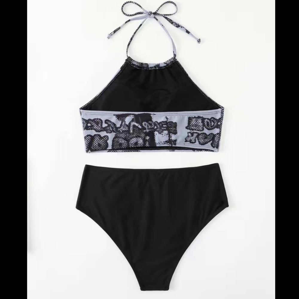 Women's Halter Neck Variety Retro Stripes Print Split Swimsuit Bathing Suits - Picture 5 of 5